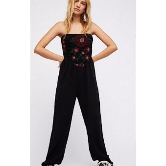 Free People Karen Strapless Rose Embroidered Pants Jumpsuit Size Small - Picture 1 of 7